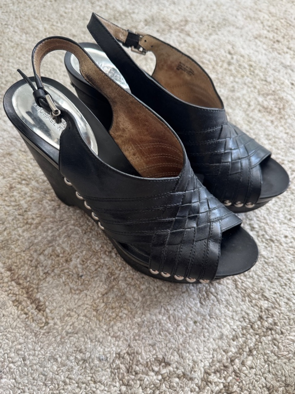 MICHAEL Michael Kors Black Woven Leather Slingback Wedge Sandals